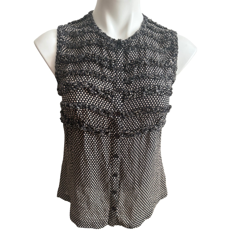 Tory Burch Black Tan Polka Dot Silk Ruffle Sleeveless Snap Button Blouse Size 6